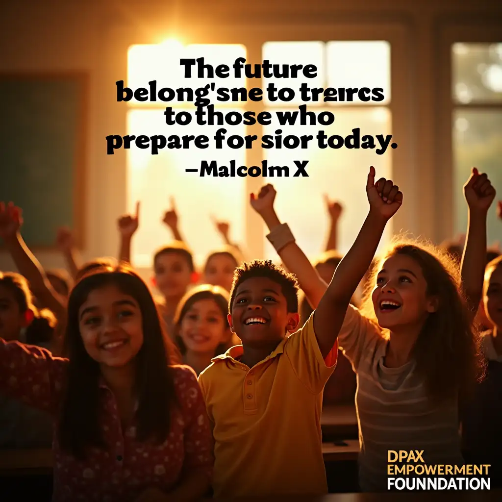 A powerful and uplifting design featuring a group of children in a classroom setting, eagerly raising their hands with smiles on their faces, symbolizing empowerment through education. The scene is illuminated by warm, golden light pouring through a window, representing hope and a bright future. The quote, 'The future belongs to those who prepare for it today. – Malcolm X,' is written in bold, inspiring typography at the top, with the DPAX Empowerment Foundation logo subtly placed in the corner to reinforce the brand's mission of educational empowerment.