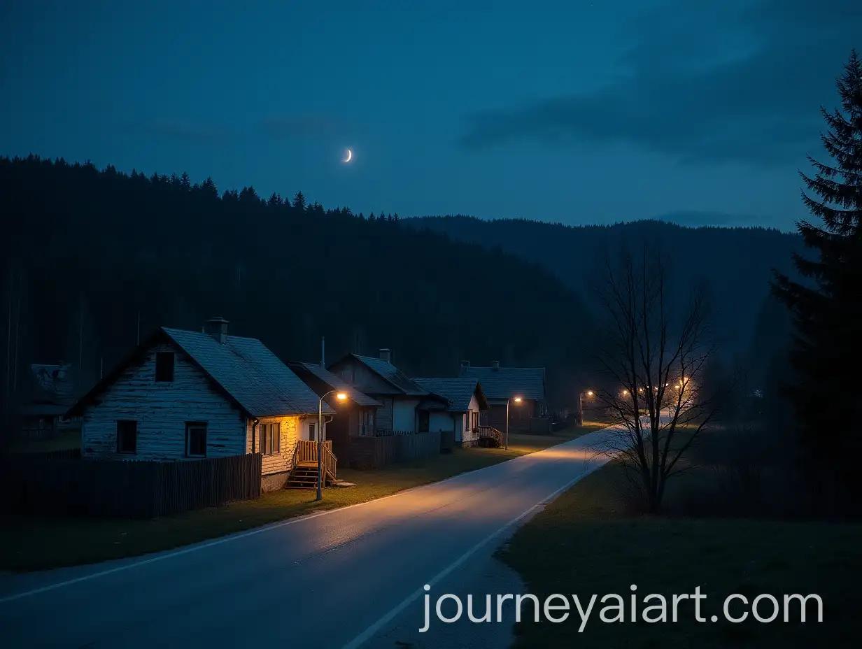 Eerie-Small-Town-at-Dusk-with-Dense-Forest-and-Starry-Sky