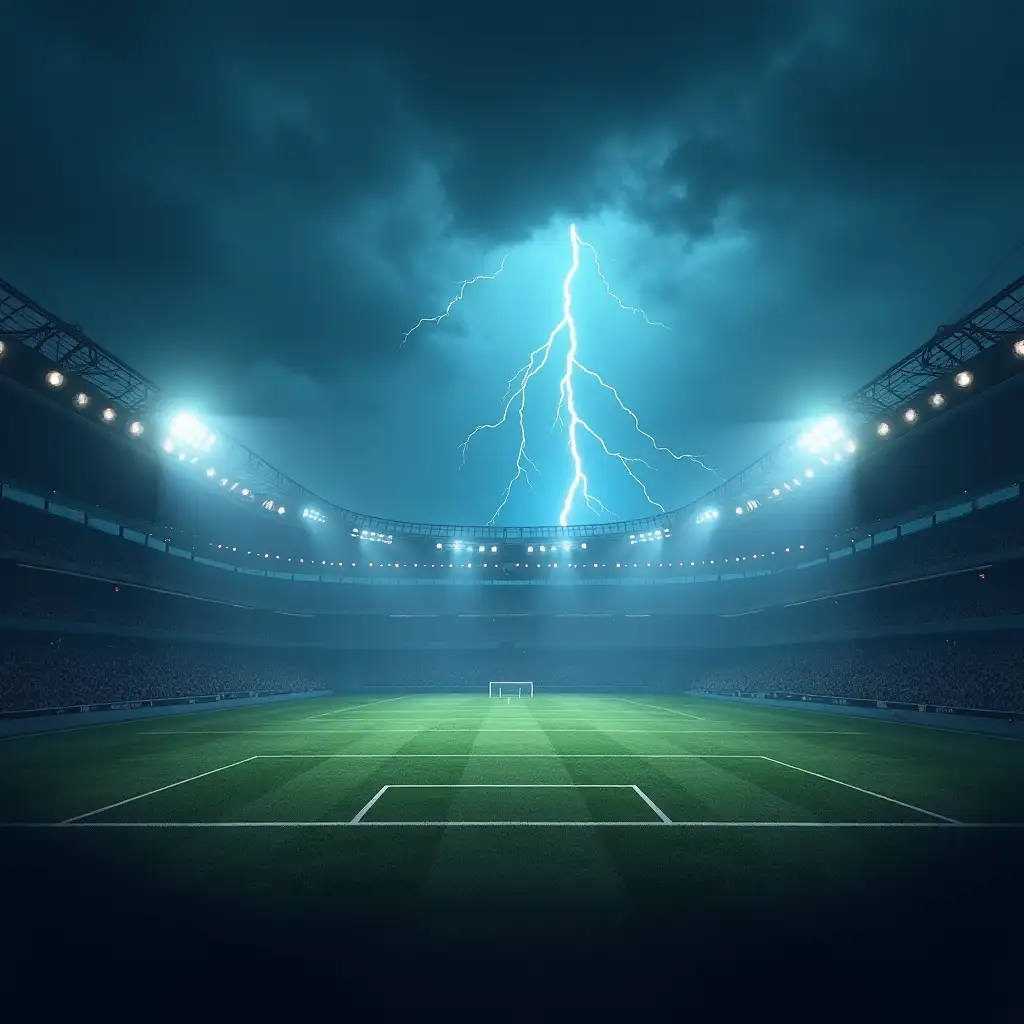 Spooky Haunted Football Game Atmosphere with Stadium Lights and Lightning