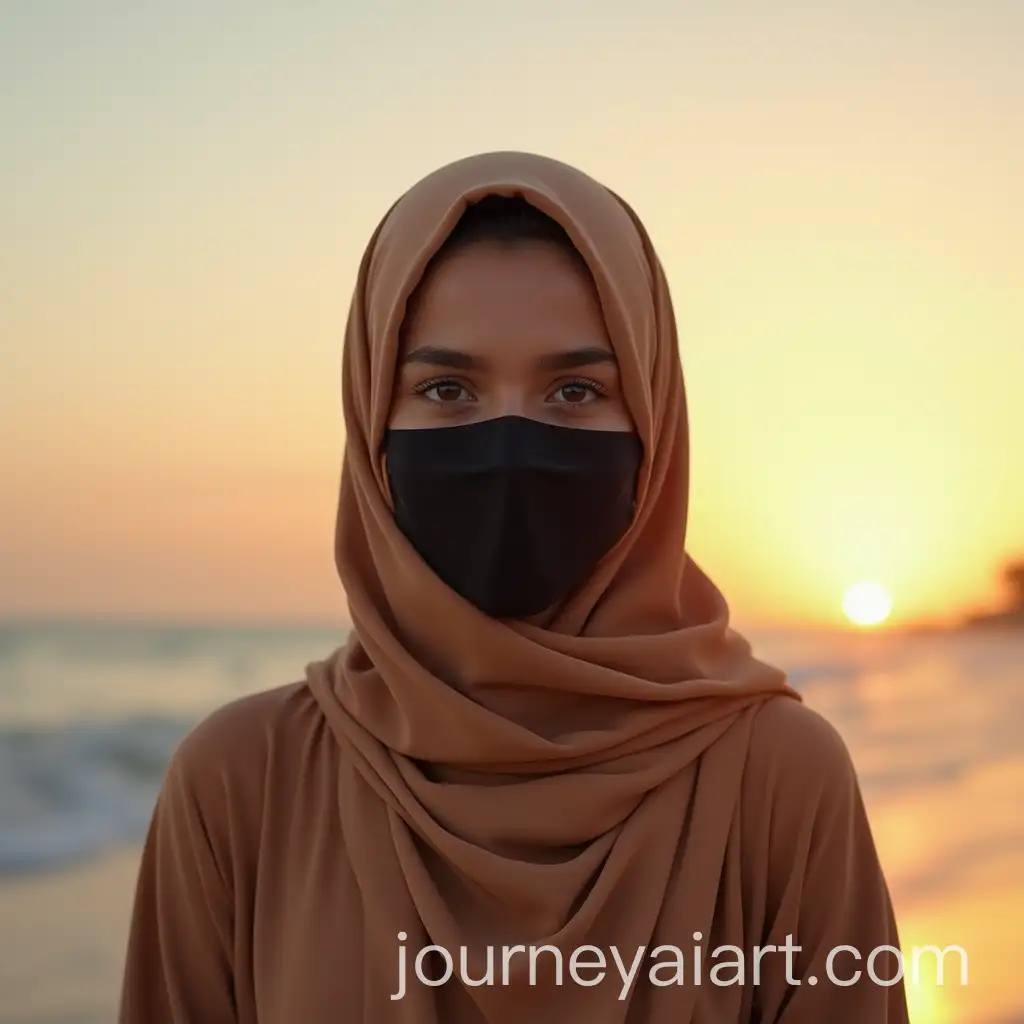 Indian-Girl-in-Light-Brown-Abaya-at-Sunset-on-a-Beautiful-Beach