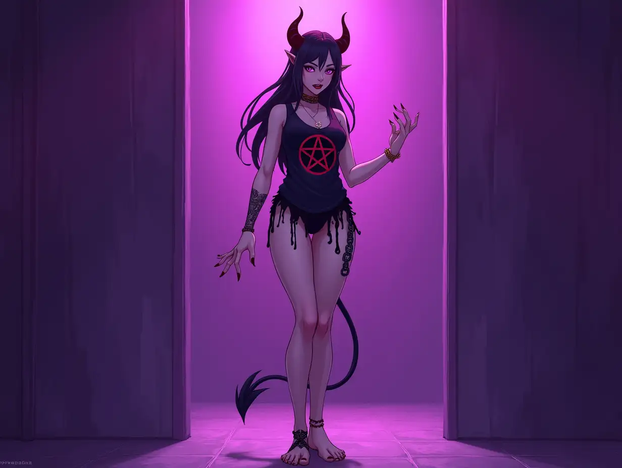 An ultra HD anime full bodied 2d drawn character sheet image of a female demon with devil horns standing in a room with a purple background and purple lighting. She has an attractive, skinny body. The demon is wearing a black tank top with a red pentagram logo in the center, a black tattered loincloth, black anklet chains, and is barefoot. She has long, dark hair, wears heavy makeup, and is making a hand gesture.