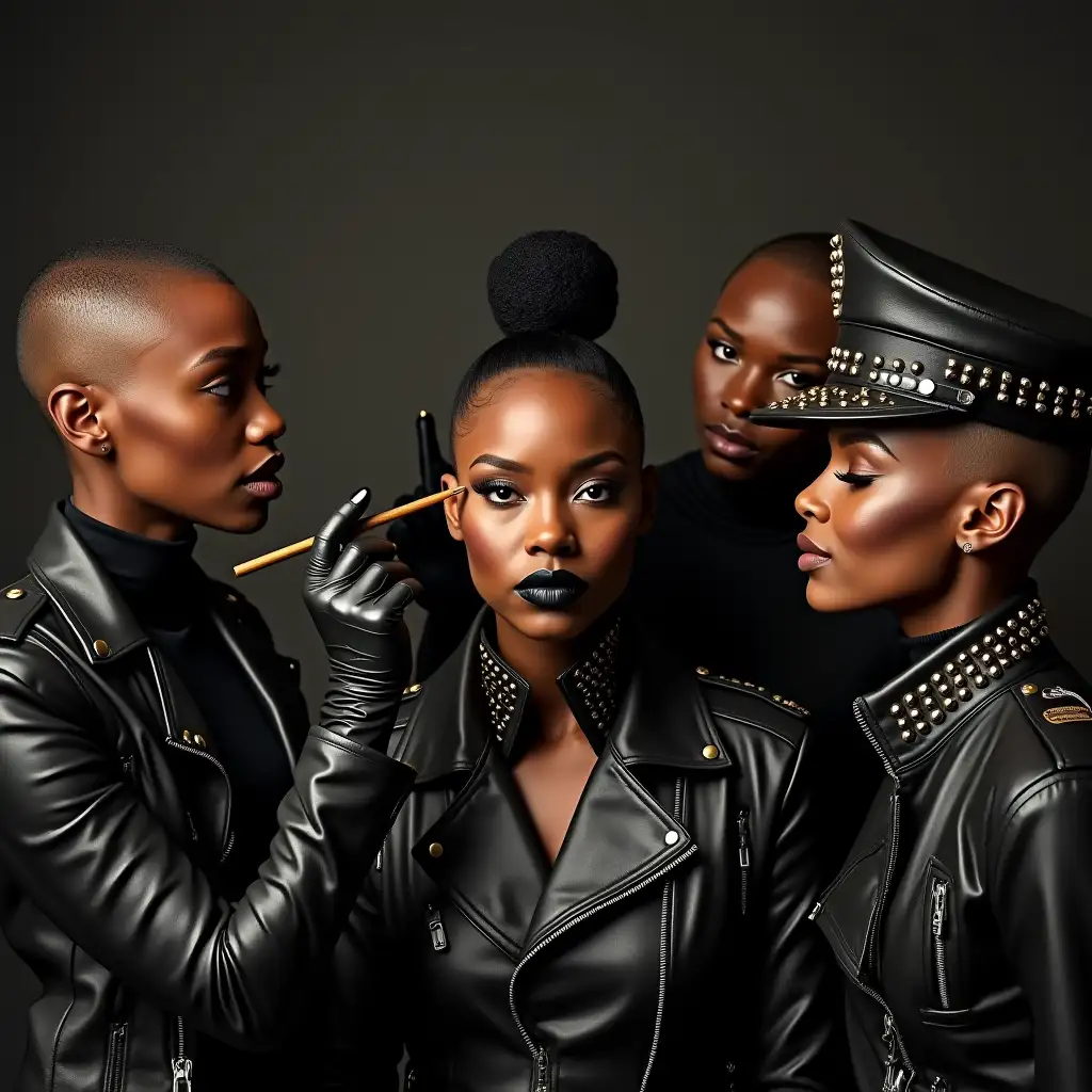 Three-Black-Women-Applying-Makeup-on-Cynthia-Erivo-with-Leather-and-Studded-Fashion