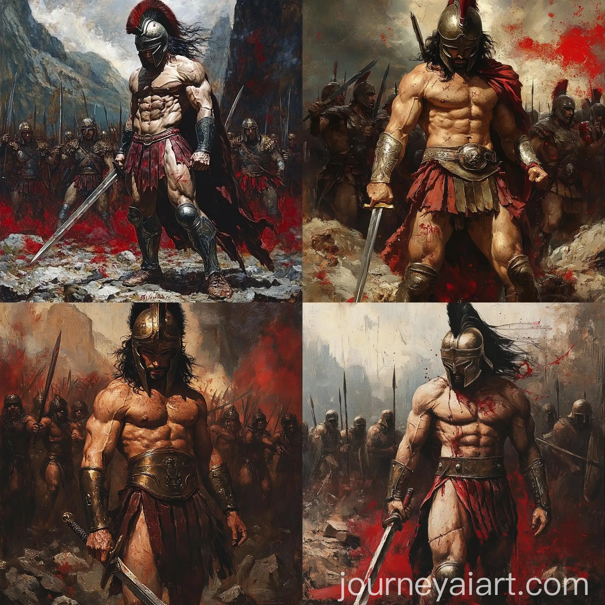 Hyperrealistic-Spartan-Warrior-Painting-Proud-Amidst-Battle