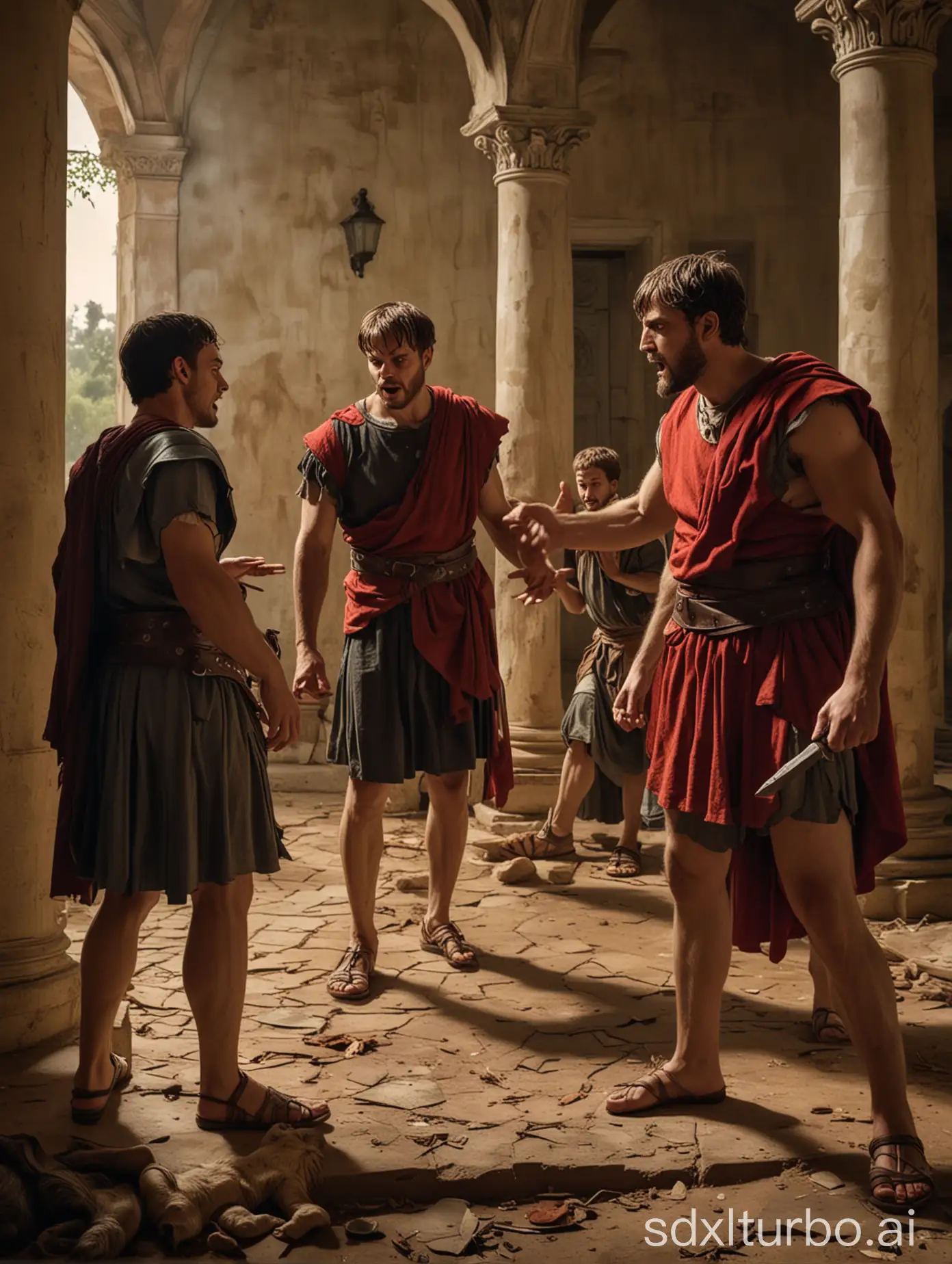 A tense moment showing Romulus and Remus arguing passionately, with shadows of envious nobles lurking in the background.