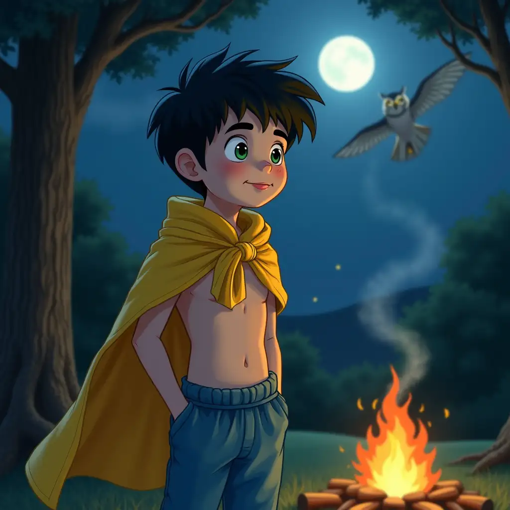 Boy-in-Pajamas-with-Yellow-Cape-at-Night-by-Campfire-Under-Full-Moon