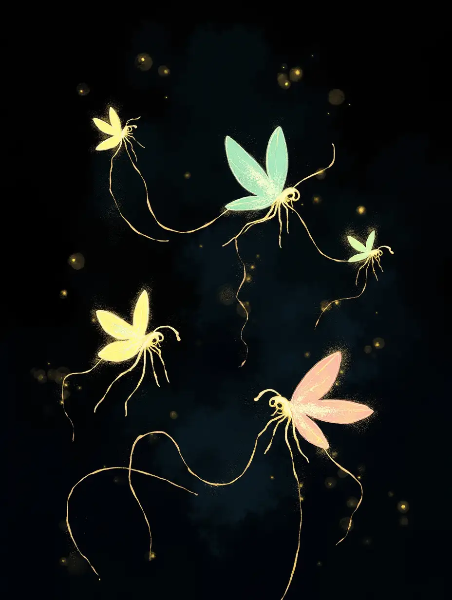 Create an abstract painting with a deep black ink backdrop, featuring pastel fireflies in pale yellow, mint green, and soft pink. The fireflies should leave behind long, glowing trails that form abstract kanji-like shapes, evoking an alien message written in light.