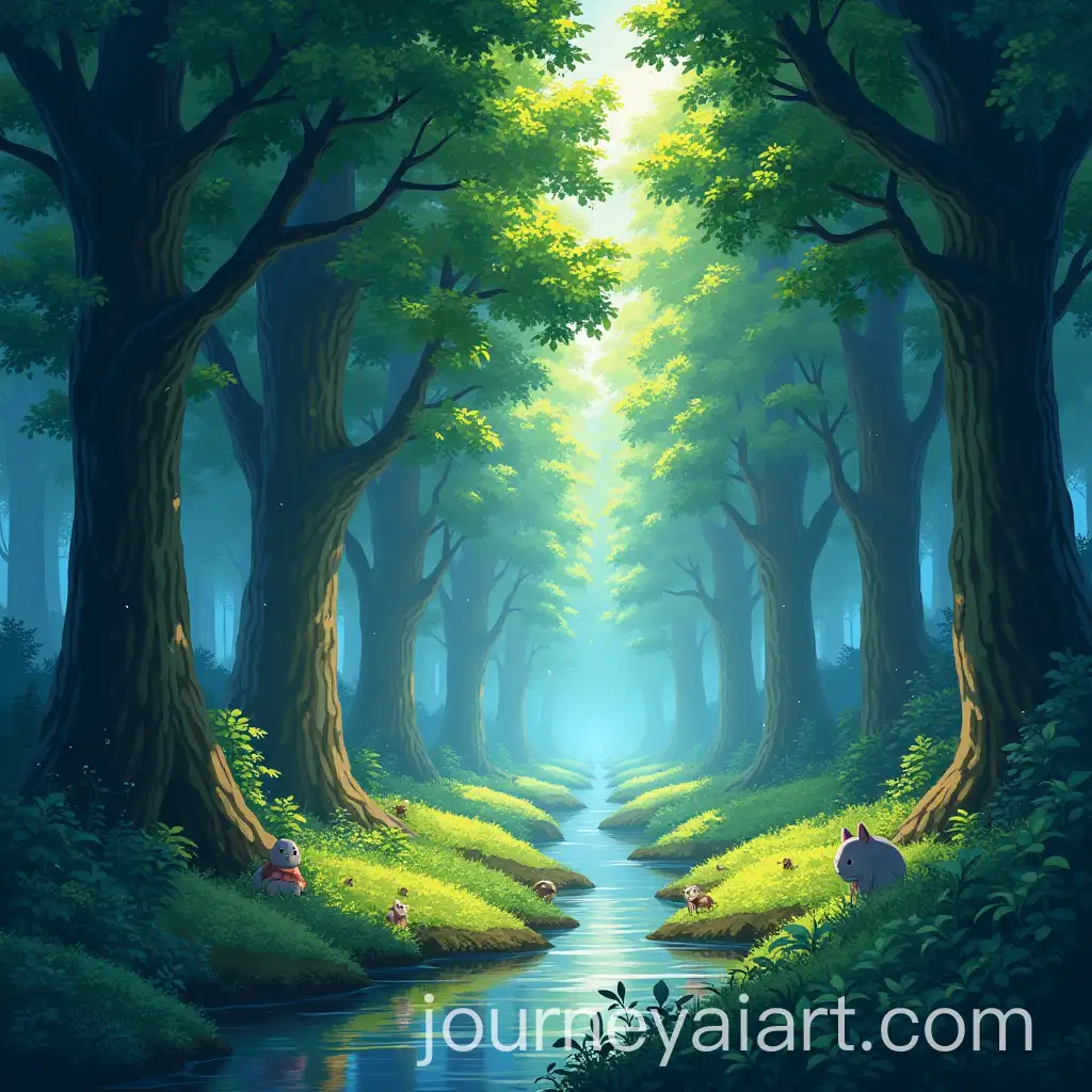 Enchanting-Forest-Scene-with-Mystical-Creatures-and-Serene-Stream