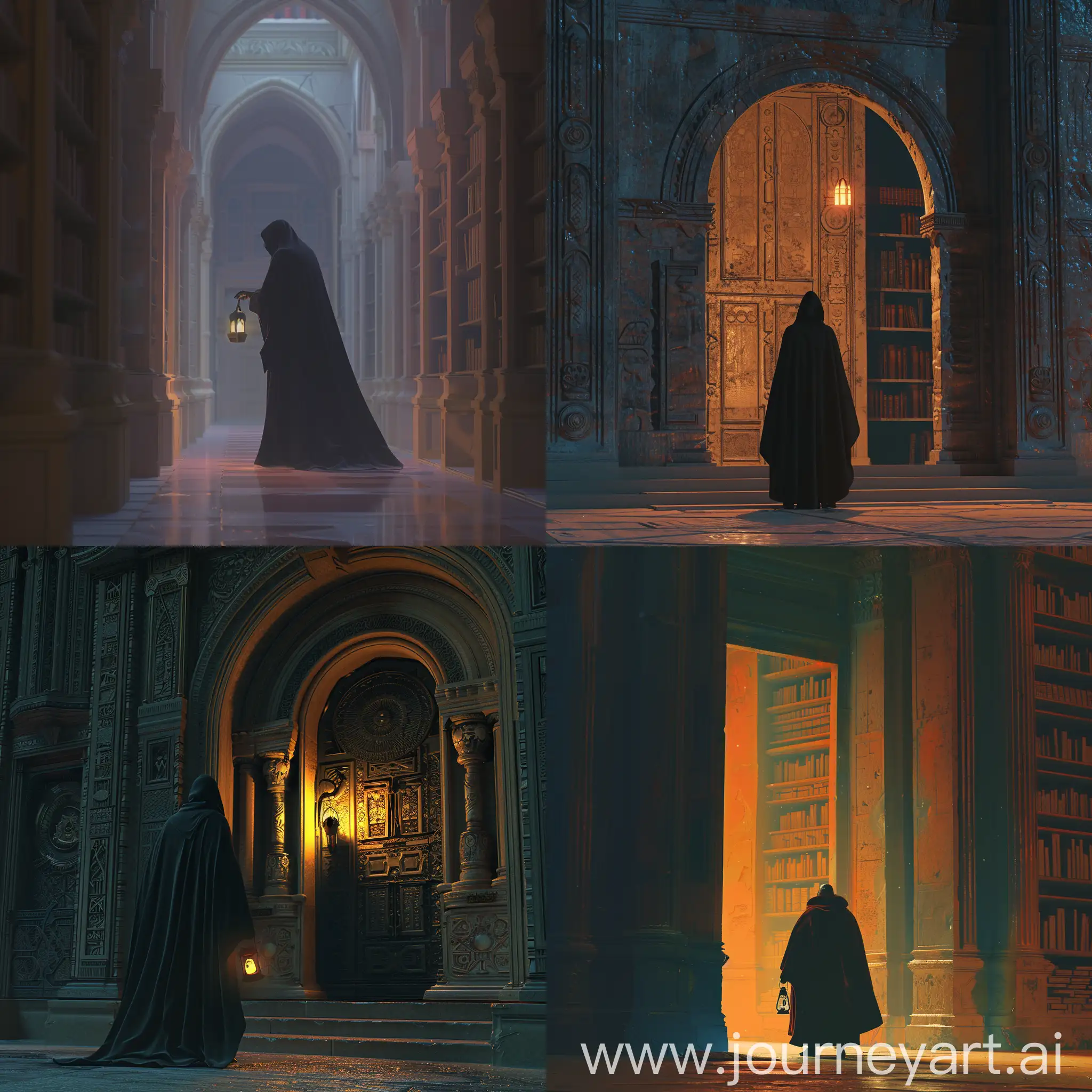 Mysterious-Figure-with-Lantern-at-Ancient-Library-Entrance