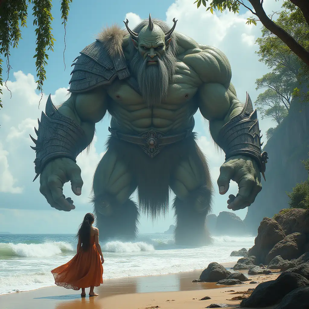 ultradetailled hyperrealistic photo-realistic portrait 20 meter giant titan troll with armor facing a princess on a beach with big waves with rocks and trees and hanging plants with meticulous attention to Texture, surfaces and lighting, to give Depth, Dimension and a photo-realistic appearance.