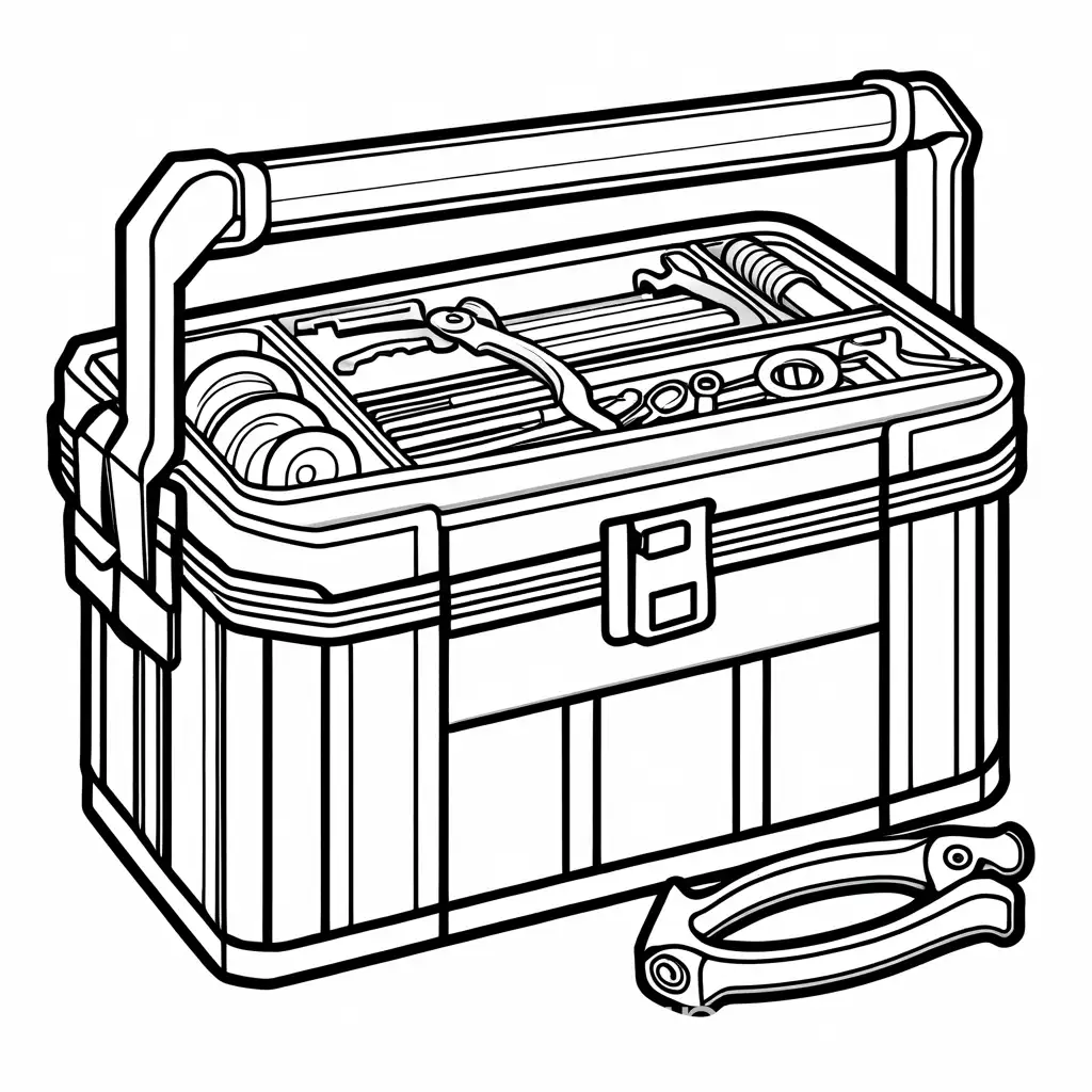 cartoon hand carry toolbox full of handyman tools, Coloring Page, black and white, line art, white background, Simplicity, Ample White Space. The background of the coloring page is plain white to make it easy for young children to color within the lines. The outlines of all the subjects are easy to distinguish, making it simple for kids to color without too much difficulty