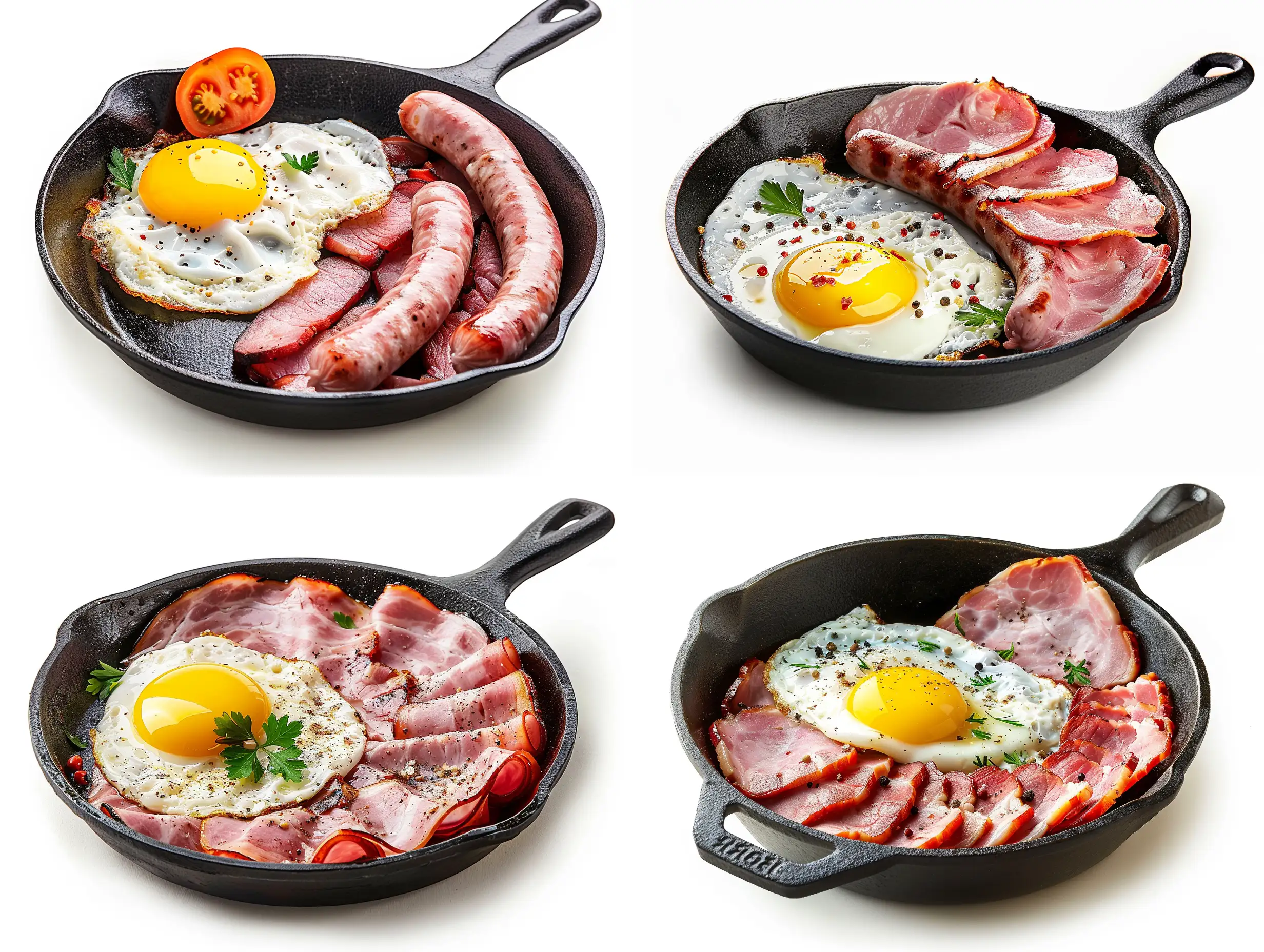 Delicious-Sliced-Boiled-Ham-Sausage-with-Fried-Egg-in-CastIron-Pan