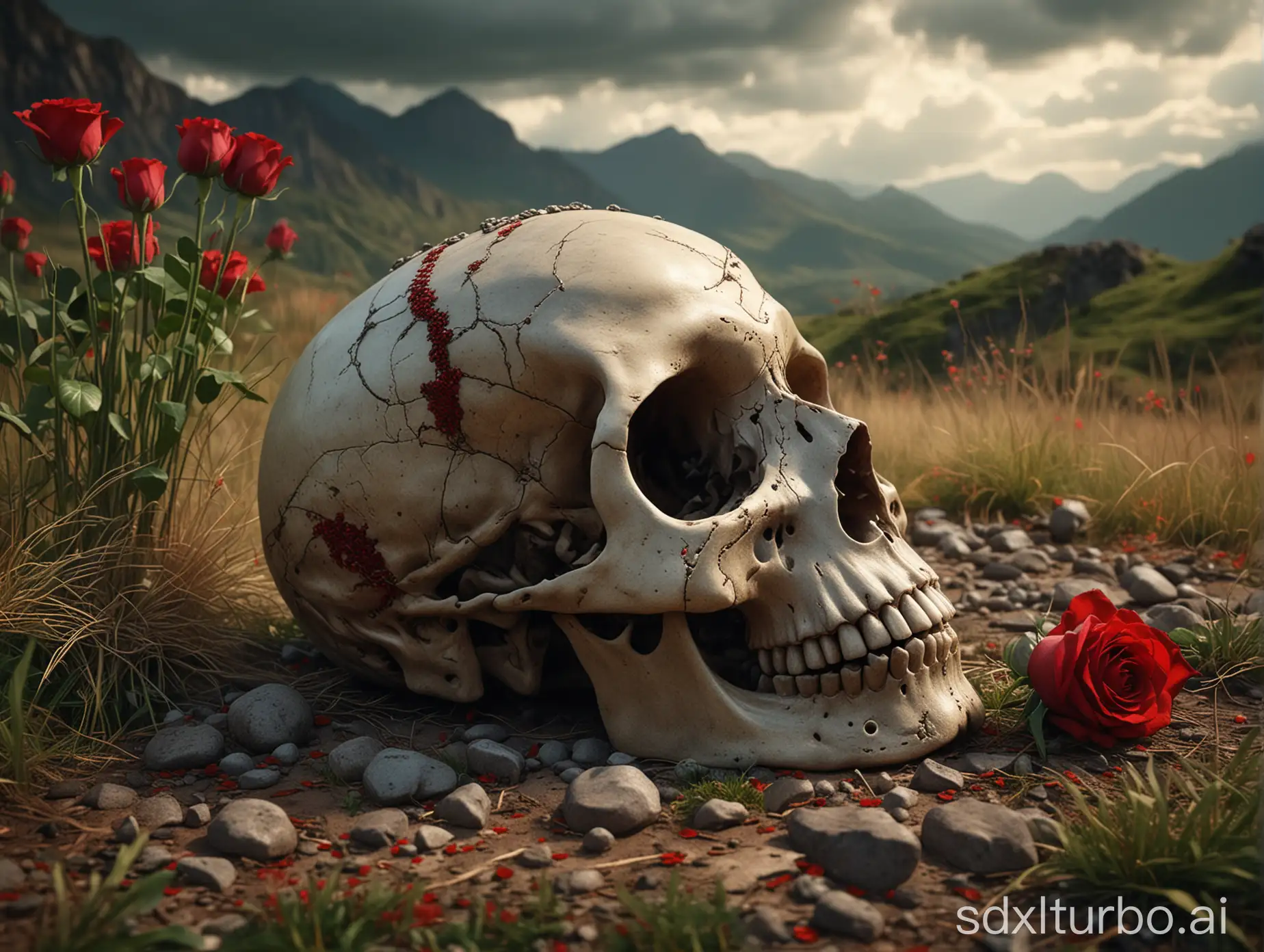 Surreal-Human-Skull-with-Red-Rose-in-Mountain-Landscape