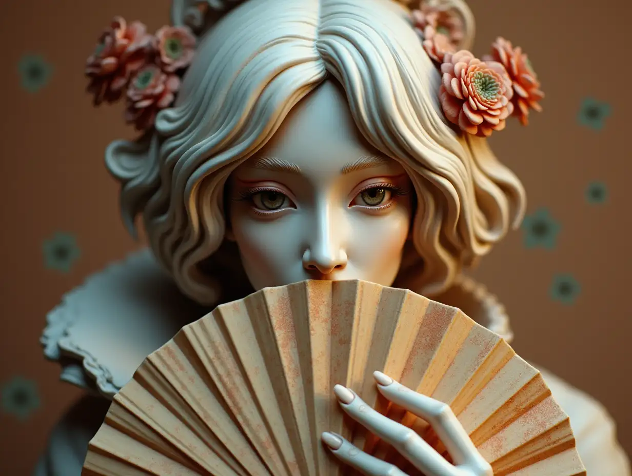 3D sculpture, ukiyo-e style beauty, hiding her mouth with a fan.