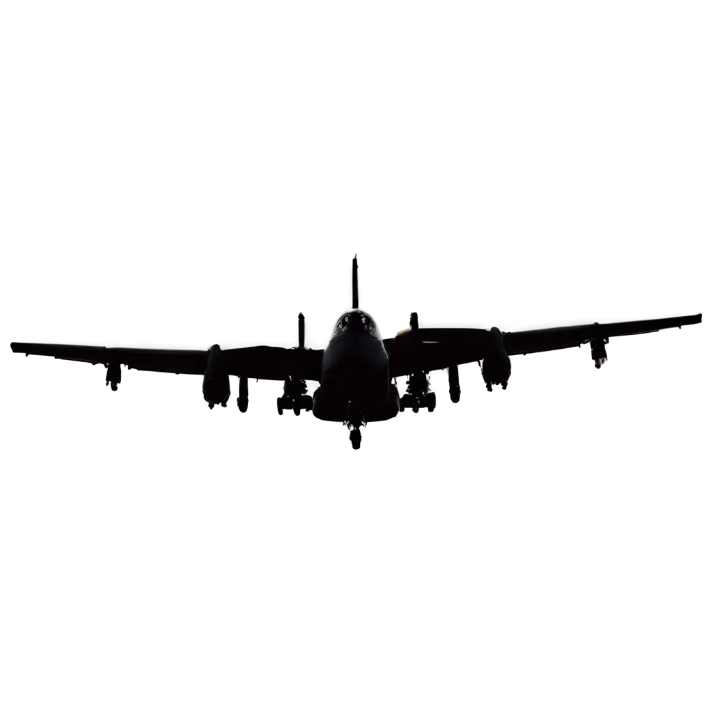 A detailed, black silhouette of the A-10 Warthog aircraft, positioned horizontally straight. Special emphasis is placed on the wings and the back of the plane. The twin engines, straight wings, and tail section are well-defined to showcase the aircraft's powerful and iconic design. The black color enhances the sharp lines, providing a strong contrast, while the vertically aligned wings and tail area stand out, making it suitable for placement on a t-shirt design.