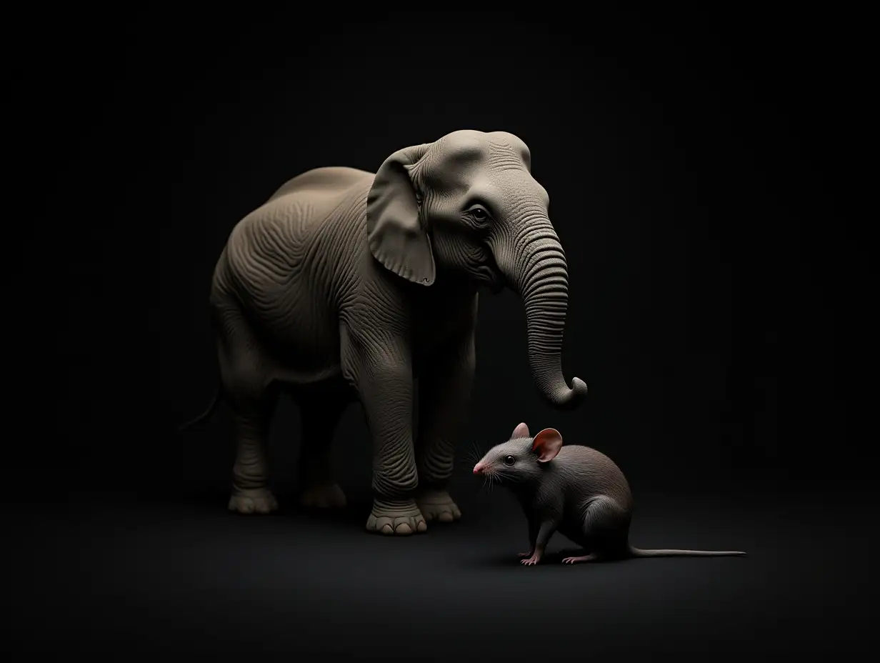 Please create one image of an elephant and one image of a mouse with a black background