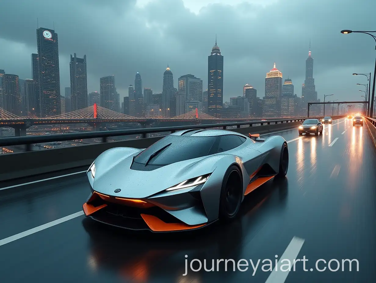 Futuristic-Silver-Electric-Sports-Car-Racing-on-a-Wet-ElevatedAI-Image-Prompt-Expansion-Highway-with-Urban-Cityscape-Background