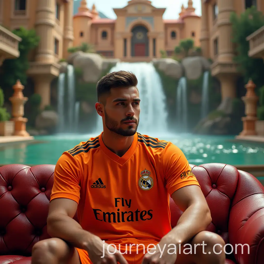 Handsome-Man-in-Real-Madrid-Jersey-Relaxing-on-Luxury-Couch-with-Waterfall-Palace-and-Red-Falcon-Dz-Car