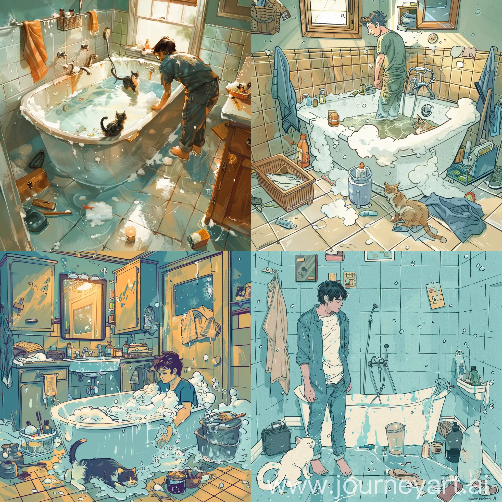 Man-Bathing-Cat-in-Messy-Bathroom-Scene