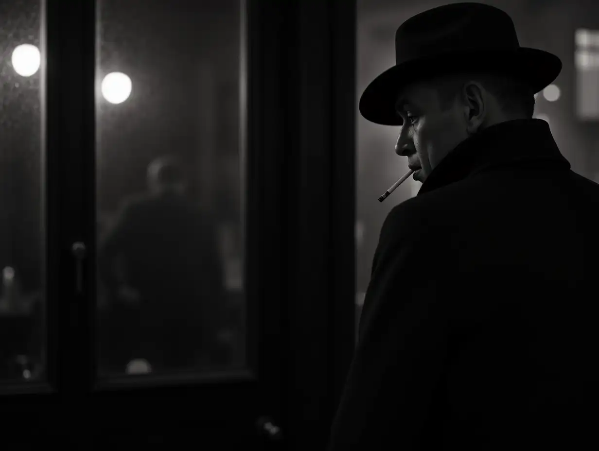 Man-in-1960s-Style-Suit-Exiting-Caf-in-Black-and-White-Cinematic-Style