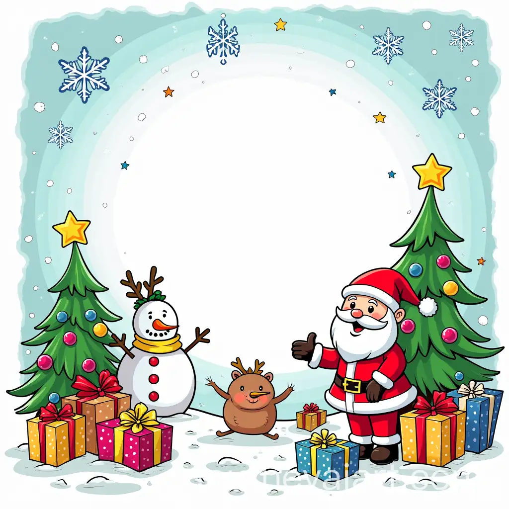 Cheerful-Christmas-Coloring-Book-Cover-for-Kids-with-Santa-Snowflakes-and-Presents