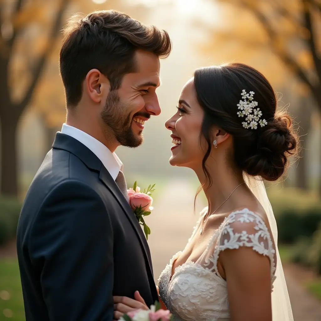 happy newlyweds, groom and bride standing face to face