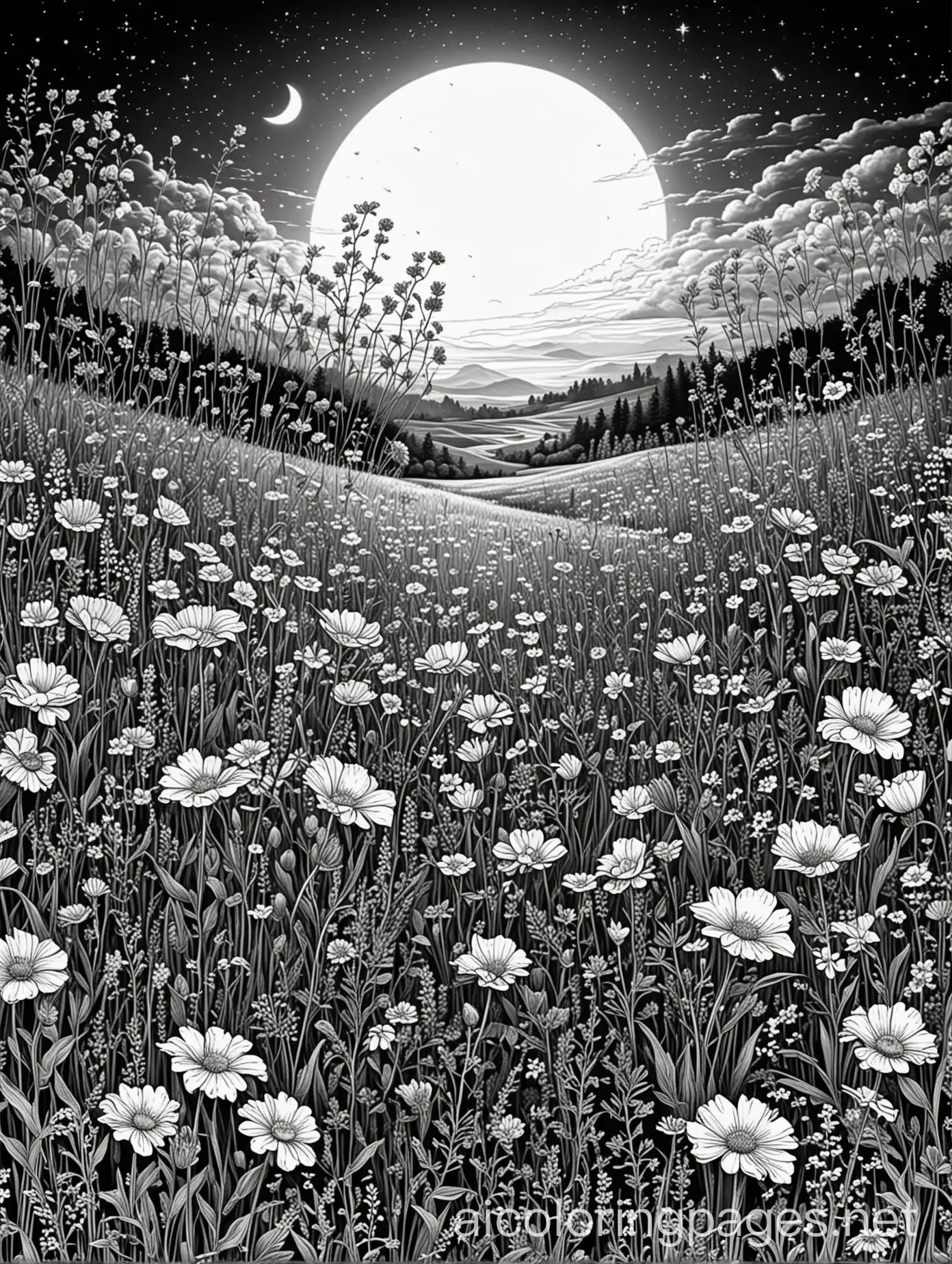 a beautiful field of wildflowers in the moonlight with some extreme closeup in the foreground, Coloring Page, black and white, line art, white background, Simplicity, Ample White Space. The background of the coloring page is plain white to make it easy for young children to color within the lines. The outlines of all the subjects are easy to distinguish, making it simple for kids to color without too much difficulty