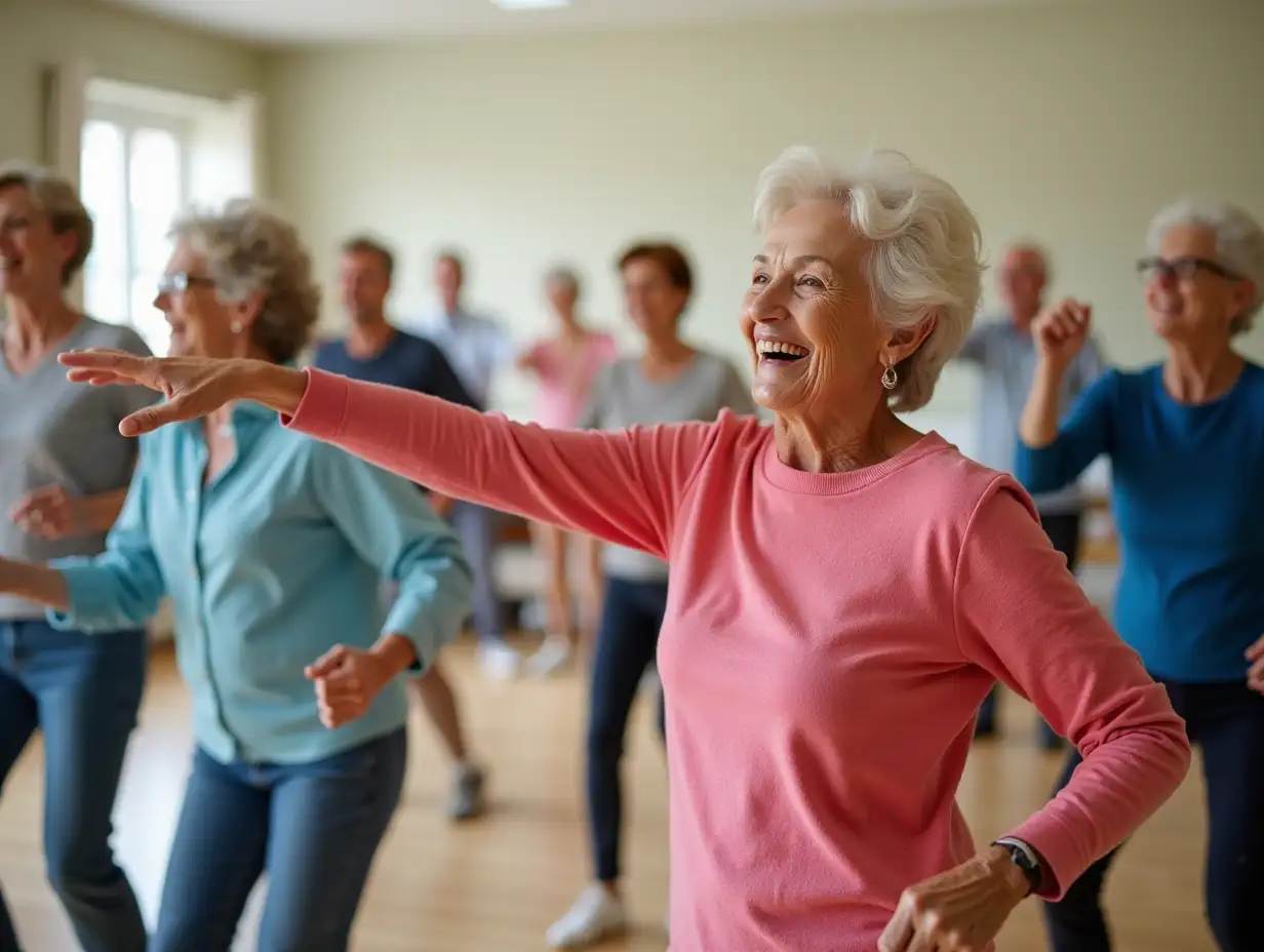 Seniors enjoying a lively dance class, with bright, joyful expressions.