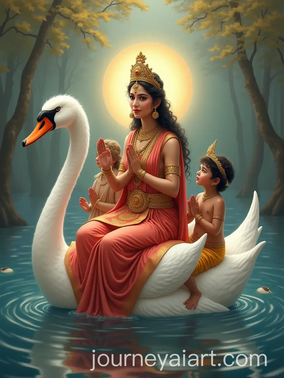 Hindu-Goddess-Saraswati-Seated-on-Swan-with-Children-in-Prayer