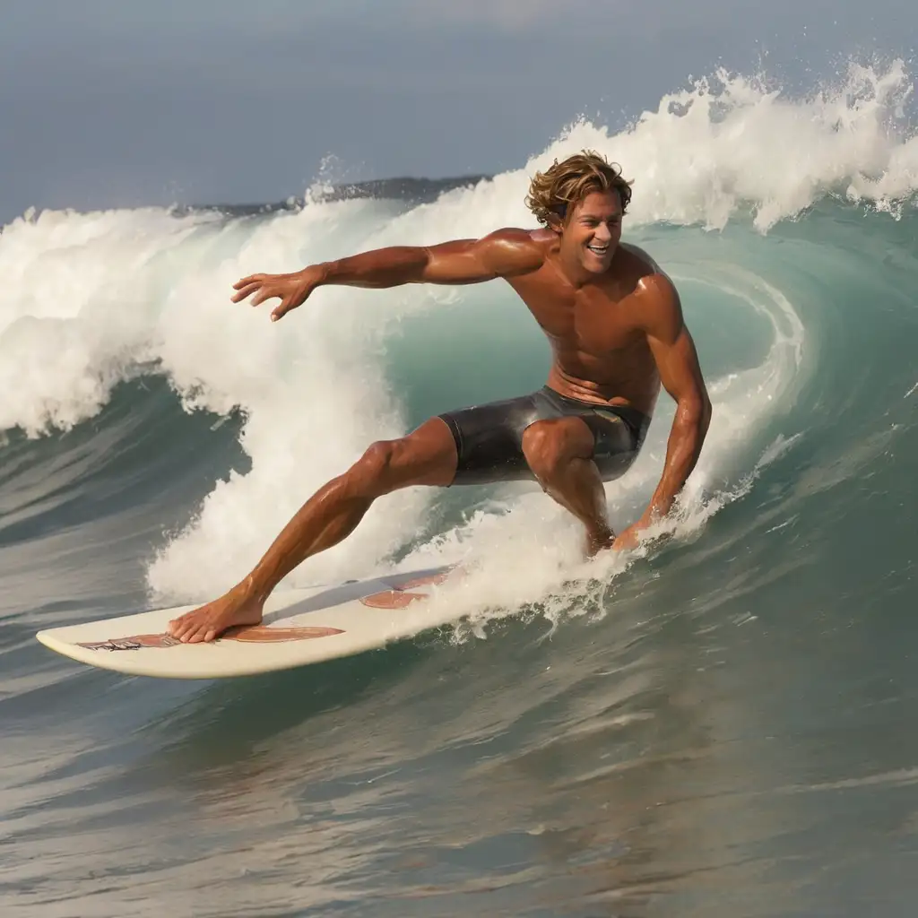 Tanned Surfer Riding a Majestic Wave at Sunset