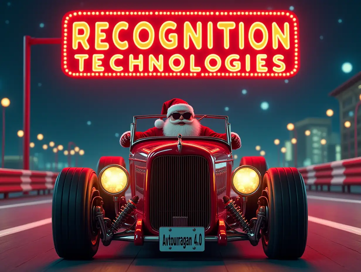 Situation: 50's style race track. One character, looks like Santa Claus, with sunglasses, inside a red Ford Hot Rod. License plate 'Avtouragan_4.0'. Background: Christmas theme, and at the top is a rectangle of neon lights, inside which is a calligraphic text sign 'RECOGNITION TECHNOLOGIES'. Intricate, detailed, thin filigree letters. The letters are made of bronze parts. The parts are thin delicate fragments.