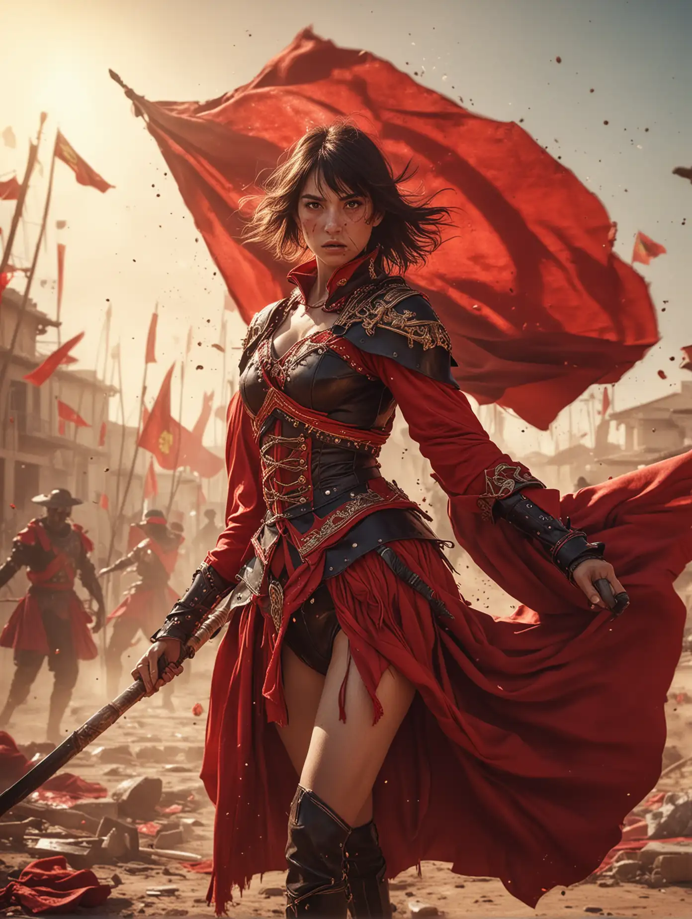 A masterful and striking conceptual art potrait, showcasing beauty anime woman wears spain's matador attire, she was holding spears and red cloth, deeply immersed in the chaotic energy of a war Zone. Dynamic fighting action pose at matador battle field background with amazing ray tracing of sunrise light and dust elements flowing in the air