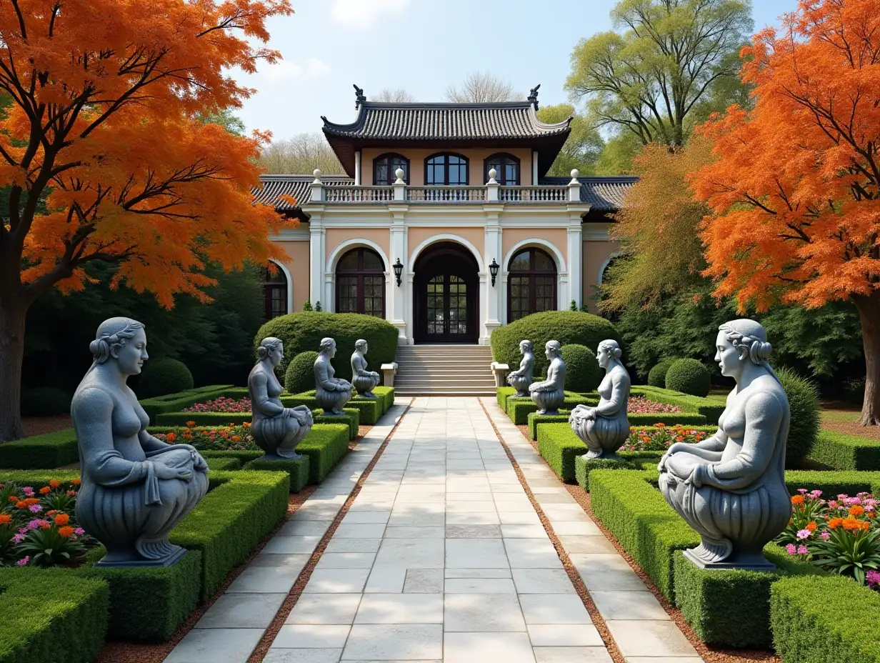 crooked Palace Garden statues Planting-with silver with black Stuck,Plant decoration, large Windows with glass to, curved, smooth Window shapes, winding big Entrance steps of Marble Complex sloping Roof with dike,Lanterns,Bench Orange tree 4K resolution Colorful superWide-angle shots