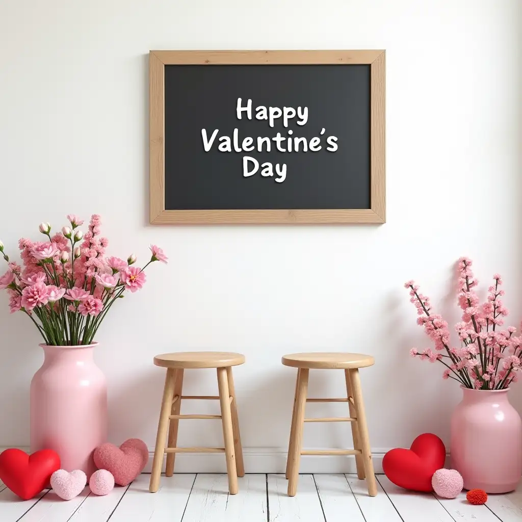 On the white wall of a room, there is a sign that reads 'Happy Valentine's Day', and there is also a blackboard hanging on the wall with the words 'I love you' written on it. Two small stools are placed in front of them, surrounded by beautiful flowers, cute hearts, and other Valentine's Day elements. Valentine's Day, atmosphere, live action, delicate