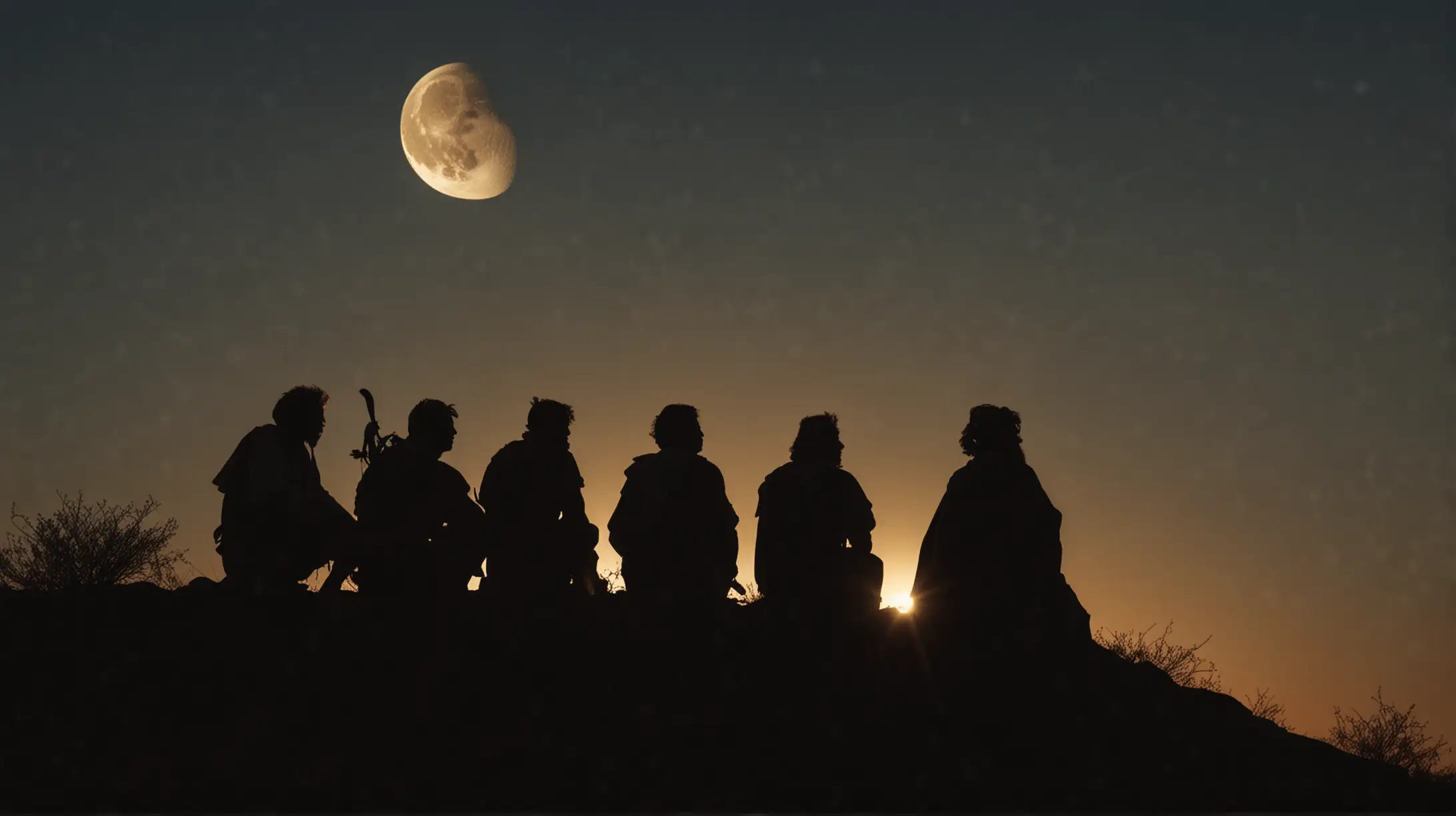 Biblical Era Silhouette Four MiddleAged Men on Desert Hillside with Moon