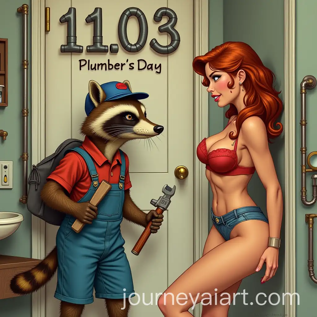 Flirtatious-Raccoon-Plumber-and-Woman-in-Retro-PinUp-Style-Bathroom