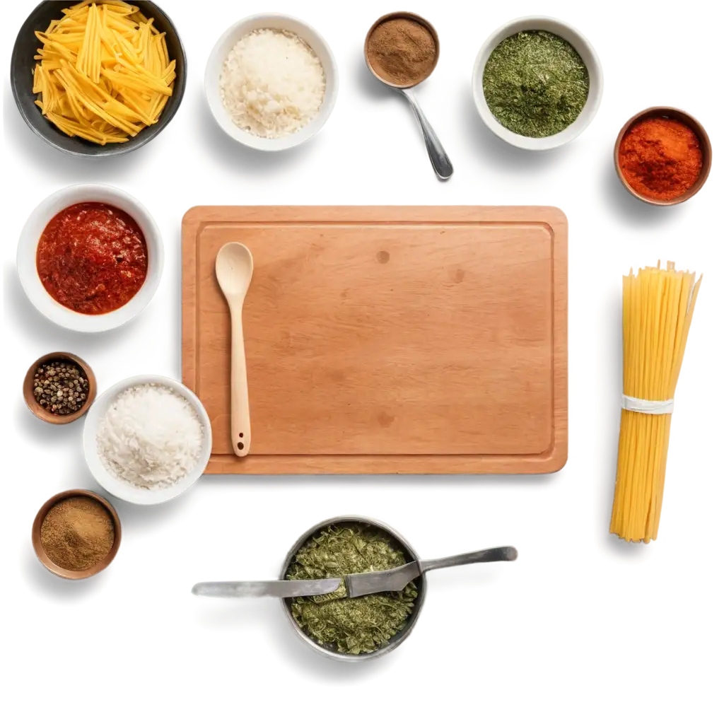 Kitchen-Table-with-Cutting-Board-andPNG-Image-Usage-Scenarios-Ingredients-for-Pasta-Cooking-PNG-Image-HighQuality-Visual-for-Culinary-Design