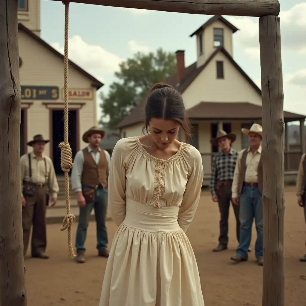 Woman Standing Under Gallows in 1800s Western Village