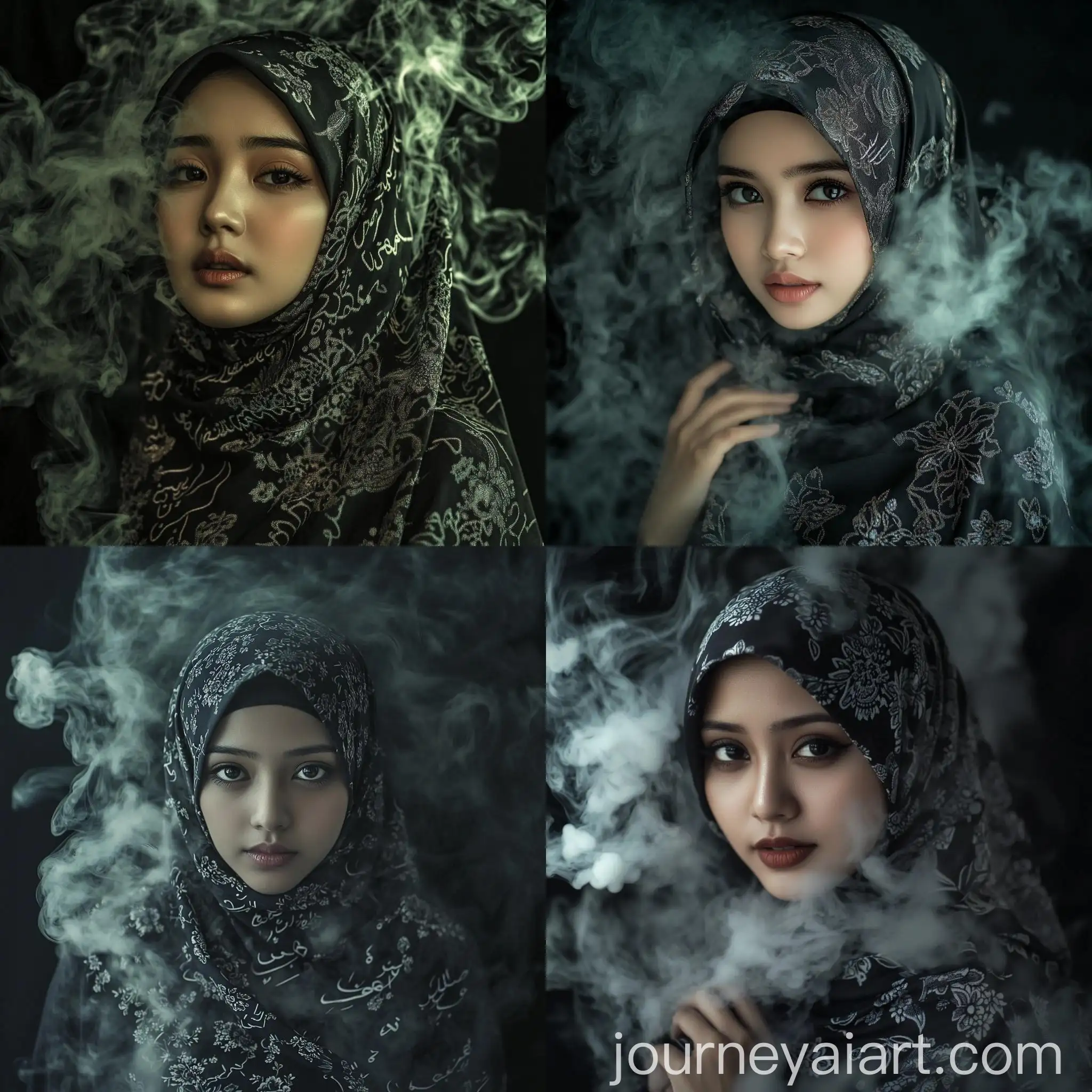 Young-Indonesian-Woman-in-Elegant-Hijab-with-Arabic-Calligraphy-in-Smoky-Ambiance