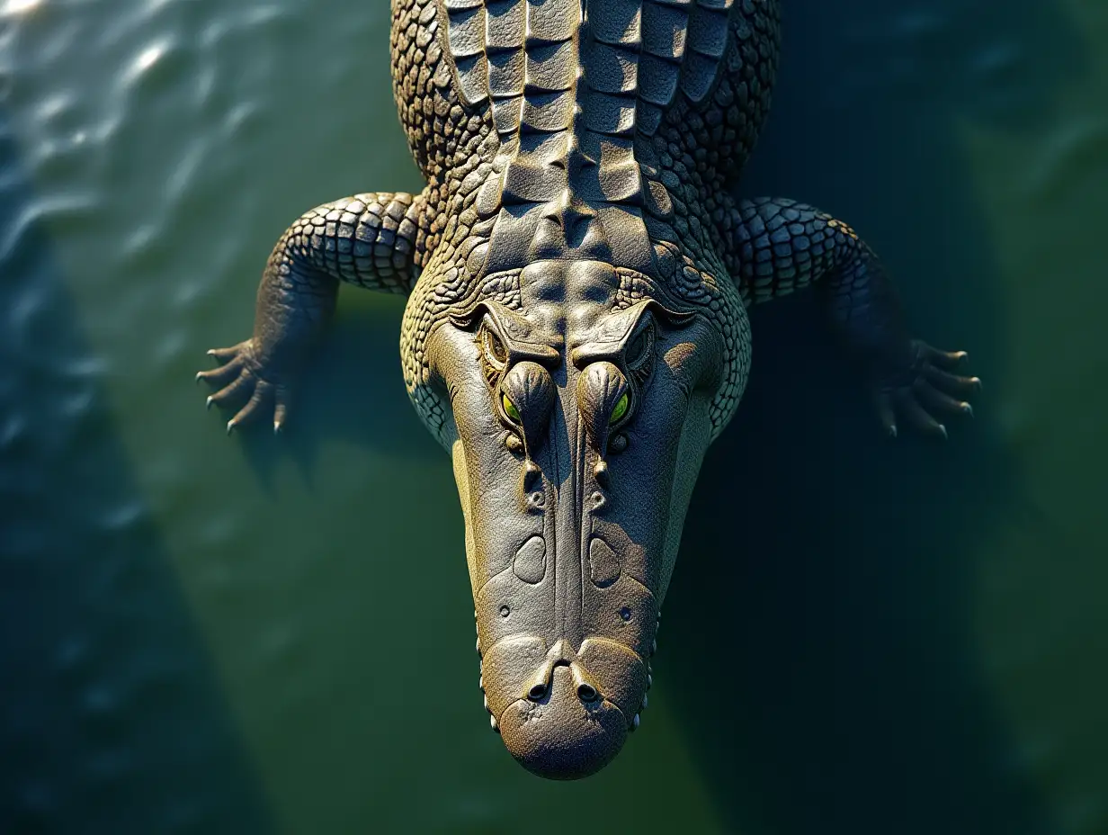 Top down view of a big crocodile in shallow water