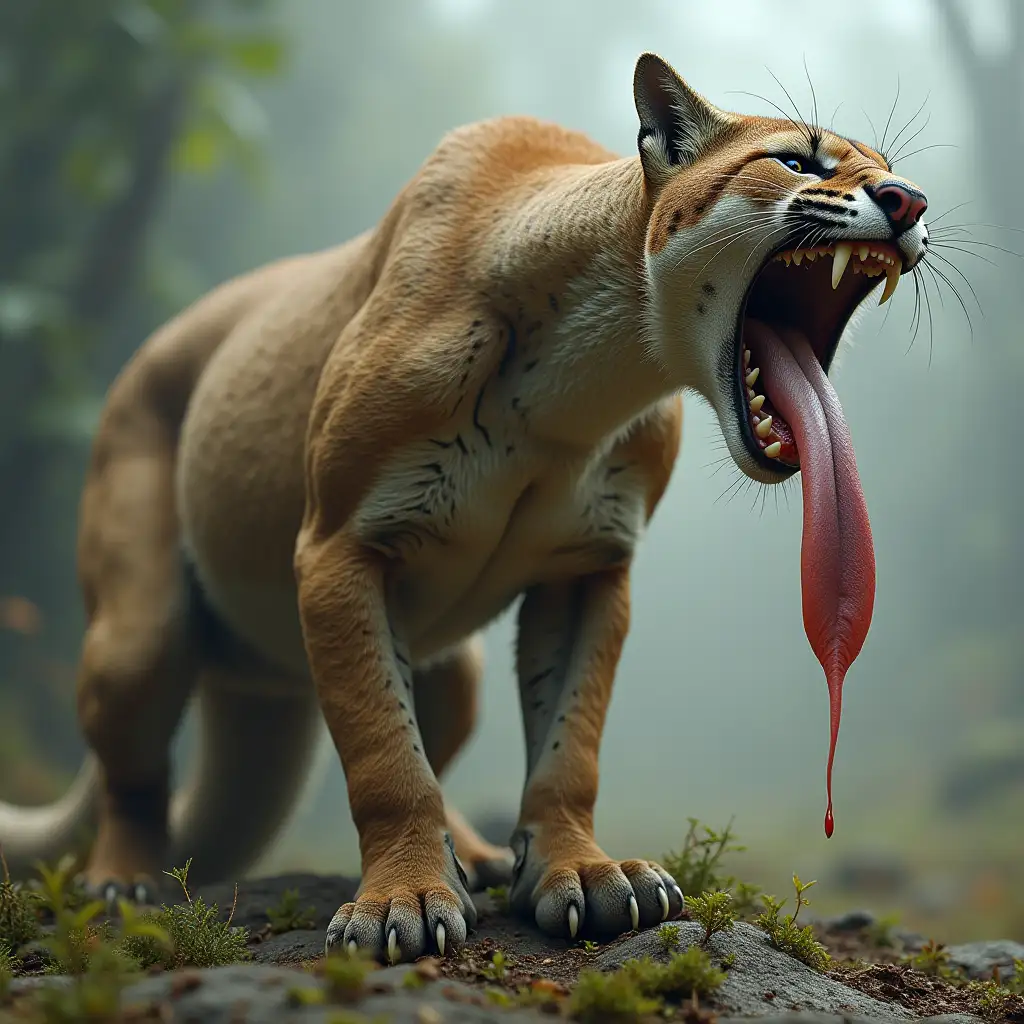 a creature with the body of a mountain lion and the head of a snake, its mouth is open wide as it it tries to swallow some large, completely-invisible creature