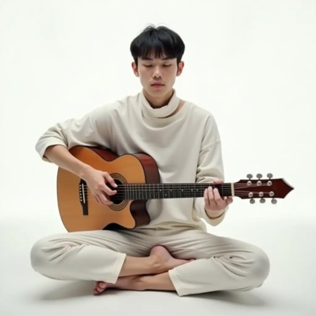 Confident-Asian-Man-Playing-Acoustic-Guitar-in-Yoga-Position