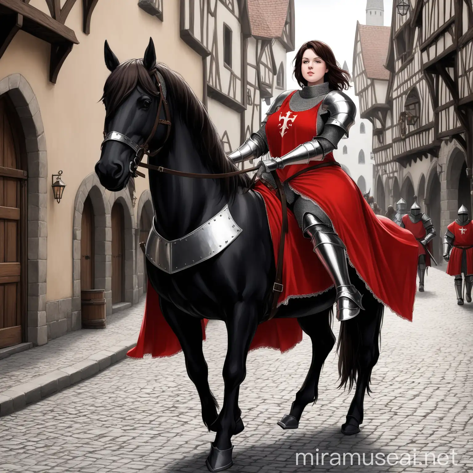 Curvy Woman Knight Riding Black Stallion in Medieval Street