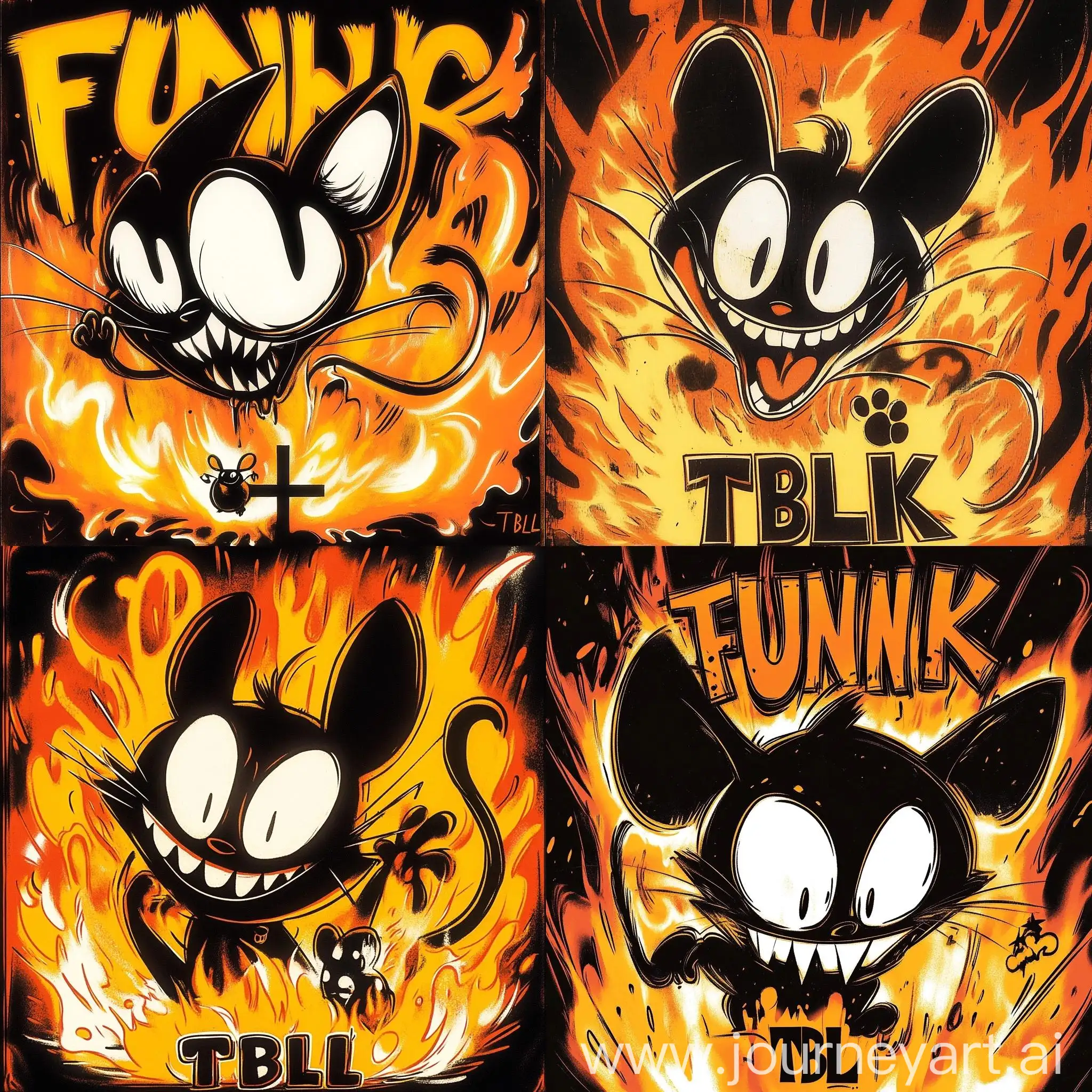 Cartoon-Black-and-White-Cat-with-Fiery-Background