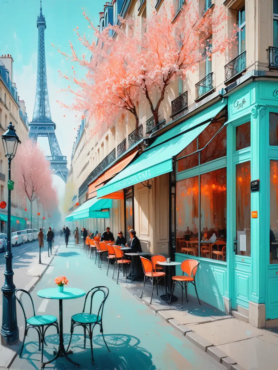 Impressionist Paris Street Scene with Spring Blossoms and Cafe