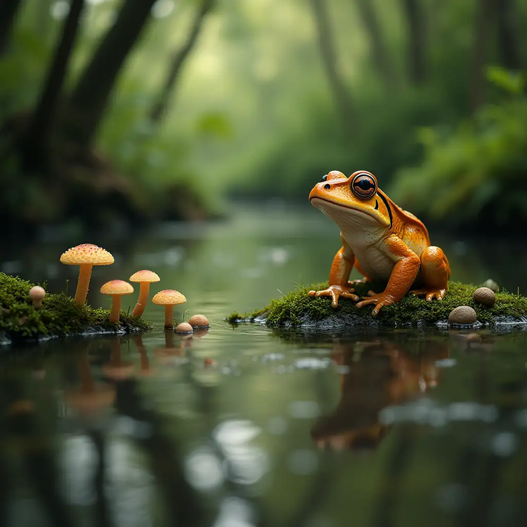 Rana in river with little mushrooms