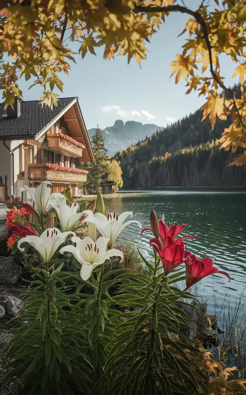 ChaletStyle-House-by-Lake-with-Red-and-White-Lilies-in-Early-Autumn