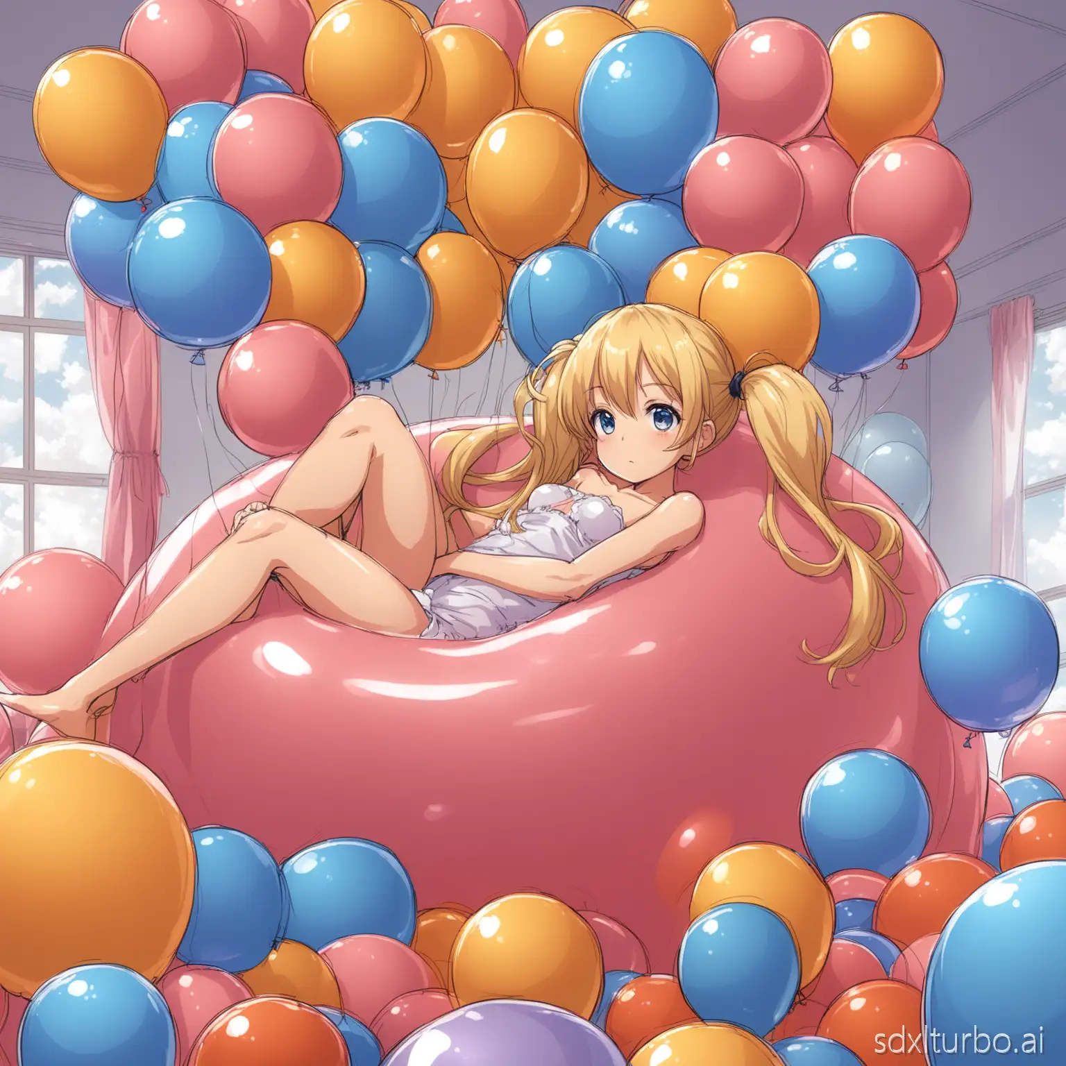 Anime style. Scantily clad tall girl with blonde long hair with twintails, lying on a balloon, and hugging a large balloon. Many large balloons float in the background, filling the room.