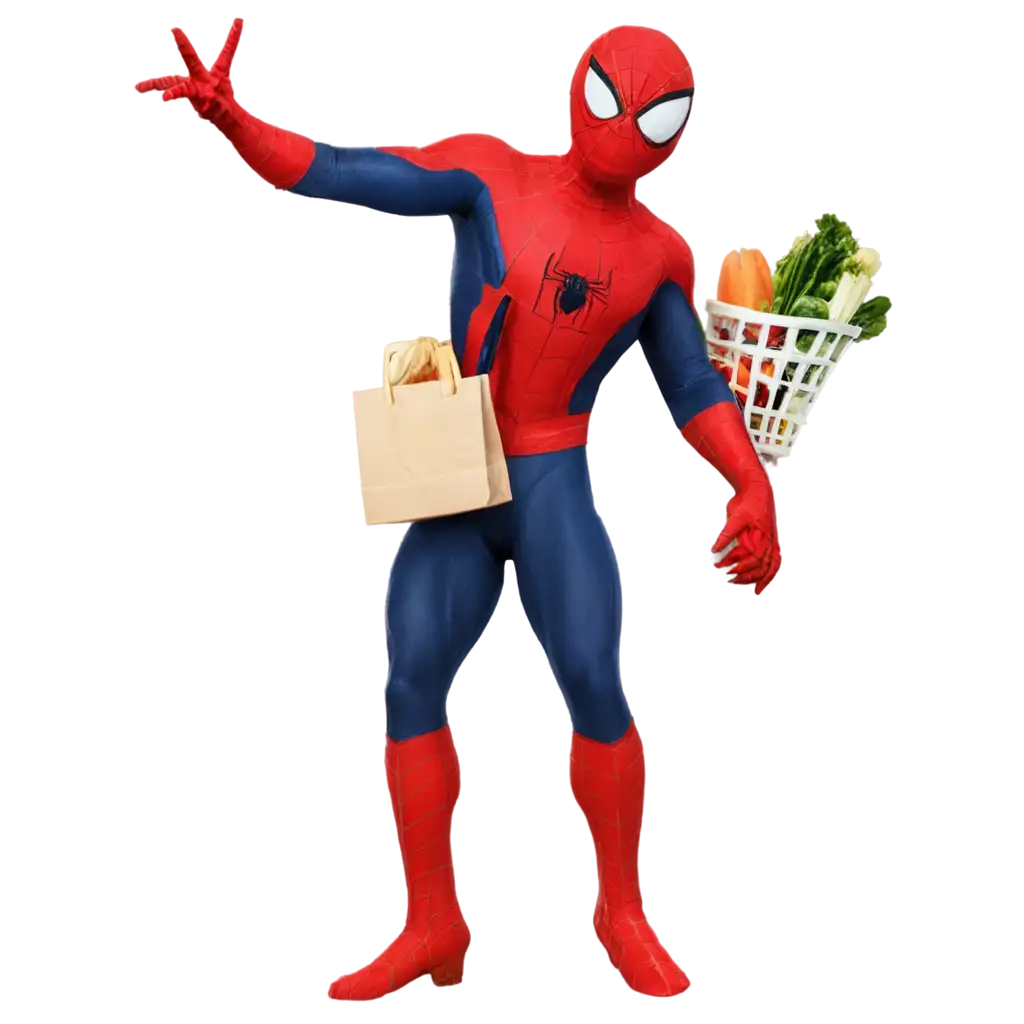 Spiderman-Carrying-a-Shopping-Bag-with-Rooster-Champion-and-Vegetables-PNG-Image-Perfect-for-Unique-Digital-Art-and-Design