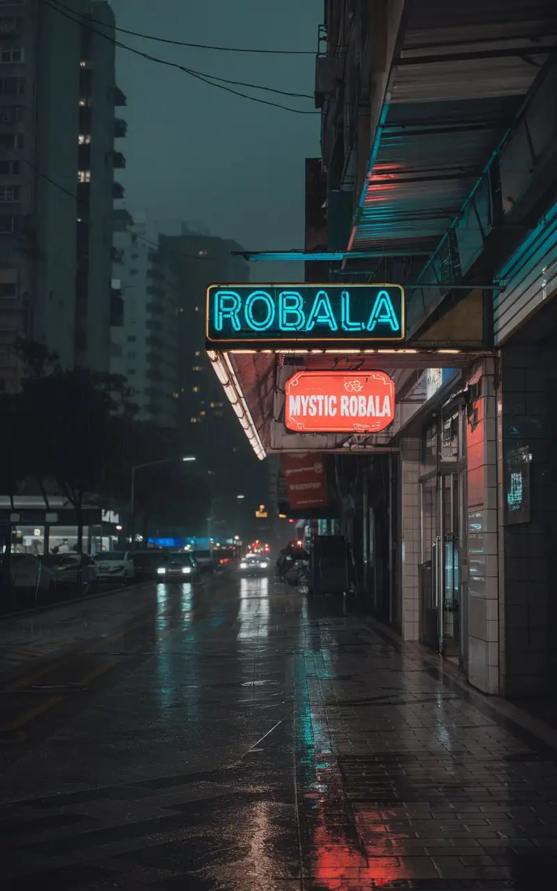 Neon light that says robala in silent and rainy Hong Kong street at night red sign mystic robala sign