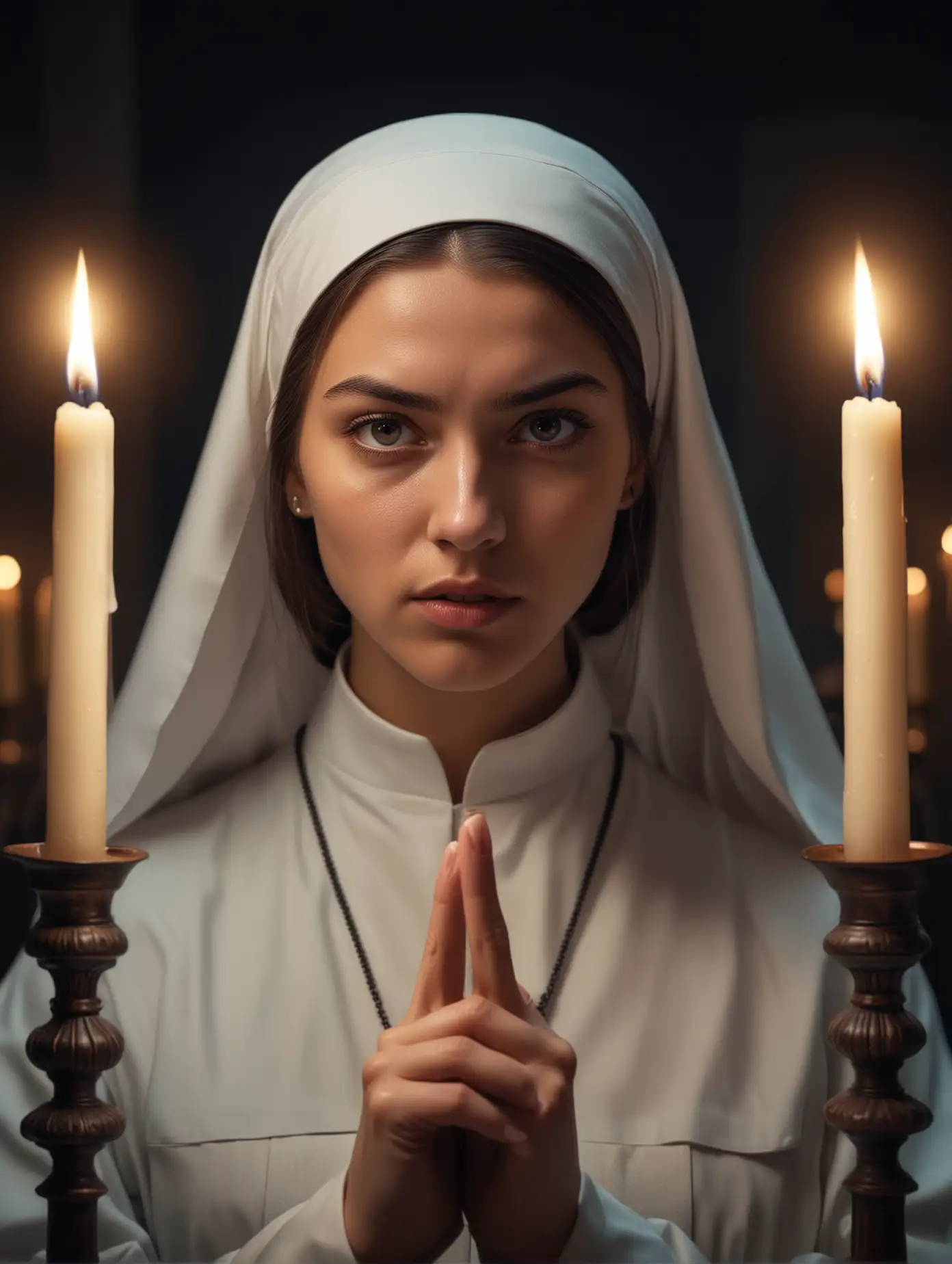 Beautiful-Angry-Nun-Pointing-Finger-in-Candlelit-Night